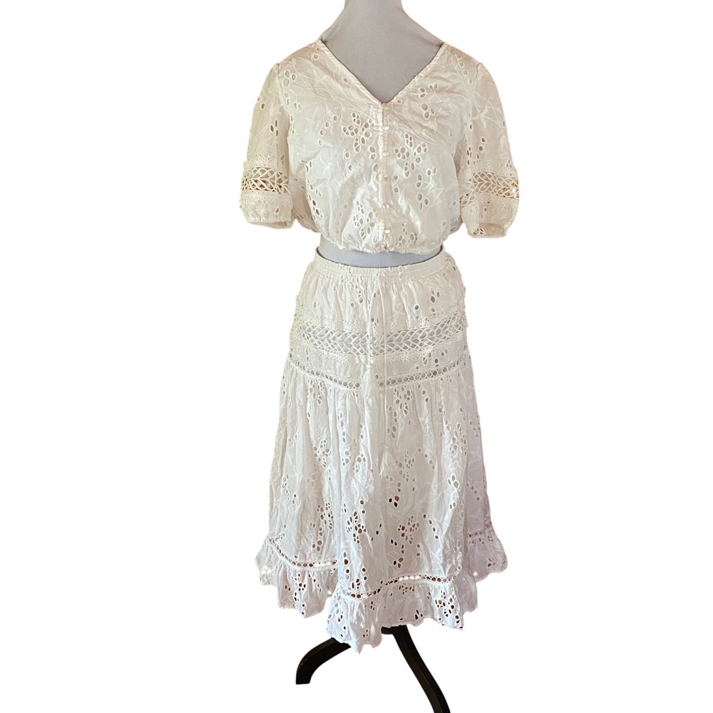 Ultra Pink NWT White Eyelet Cotton 2 Piece Crop Top and Skirt Set Small Boho